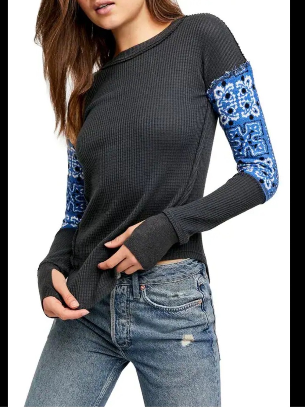Free People Nikki Layering Top Blue Long Sleeve Henley Medium